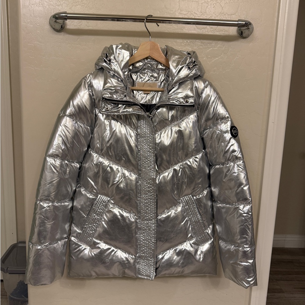 Michael Kors Silver Hooded Puffer Jacket